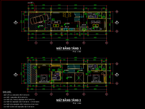 Bản vẽ thiết kế nhà 2 tầng 1 tum kích thươc 5x20m