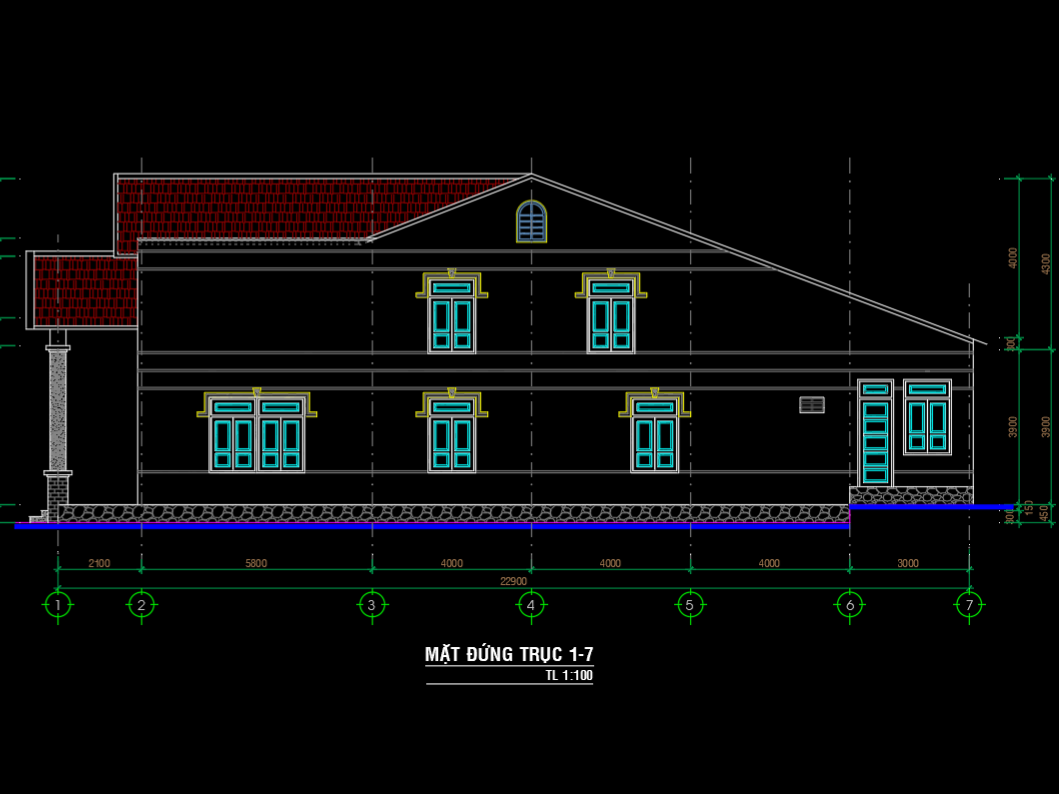 Bản vẽ thiết kế kiến trúc nhà gác lửng kích thước 5x23m