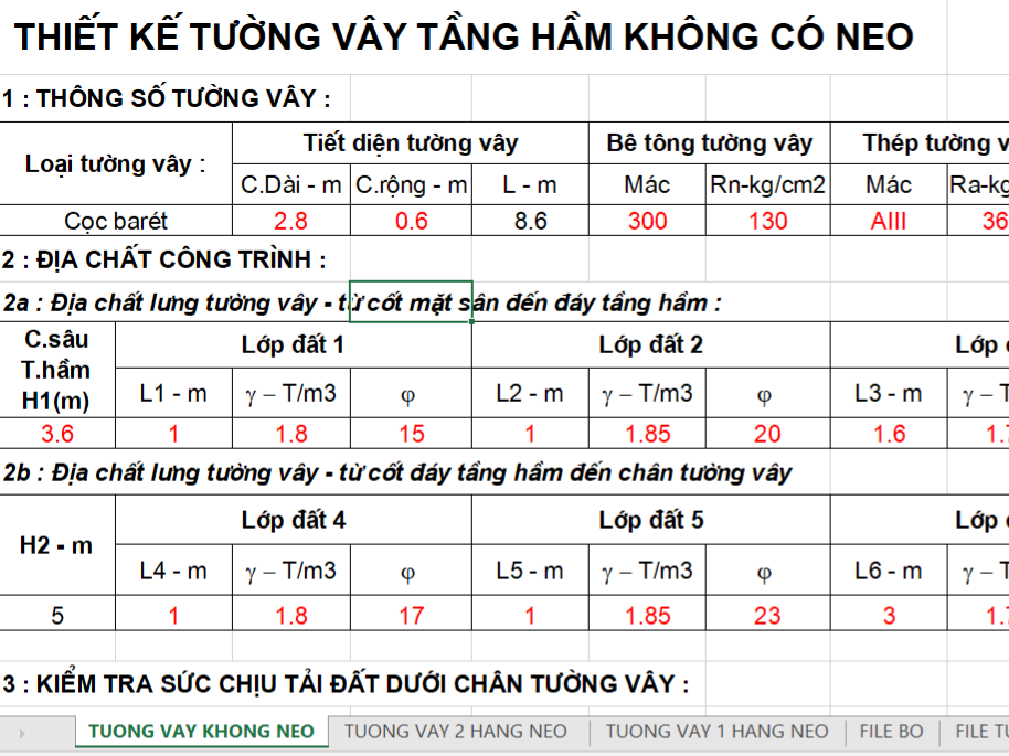 File excel tính toán tường vây có neo và không neo
