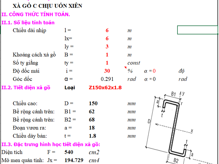 Bảng tinh kèm bảng tra xà gồ C và xà gồ Z