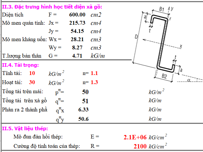 File Excel tính toán xà gồ C, xà gồ Z