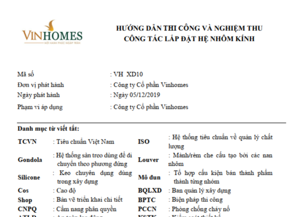 Vinhomes_Hướng dẫn thi công và nghiệm thu công tác lắp đặt hệ nhôm kính