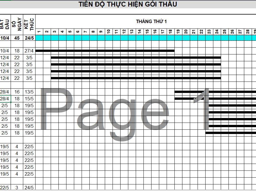 File tiến độ bằng Excel chi tiết