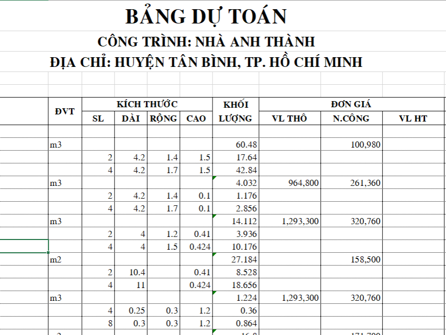 FIle mẫu dự toán nhà dân- nhà phố kích thước 4x16m