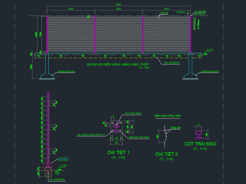 Bản vẽ thiết hế hàng rào lưới thép